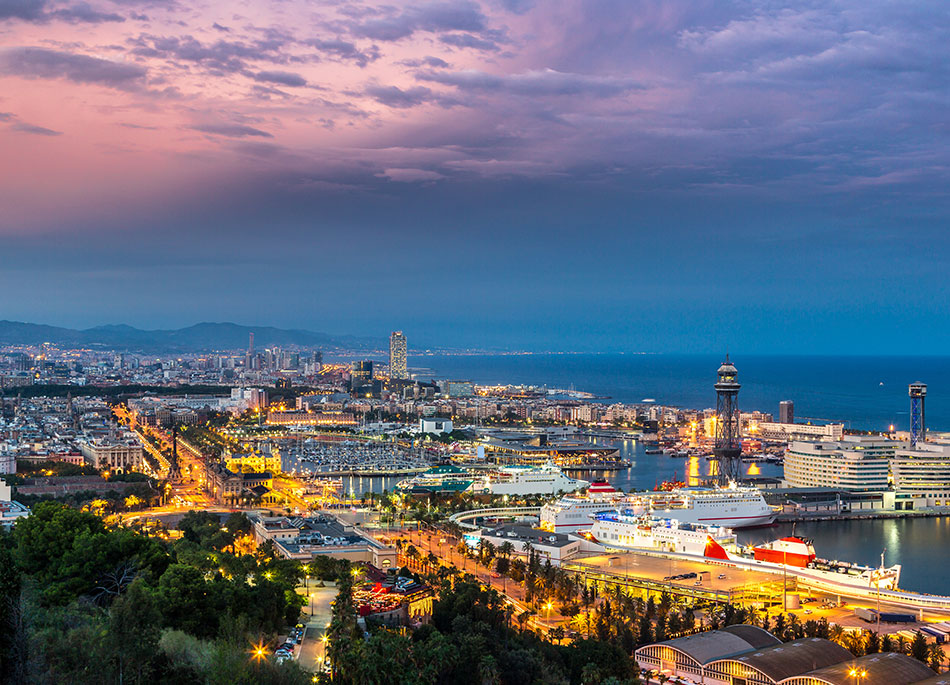 View of Barcelona harbour at night